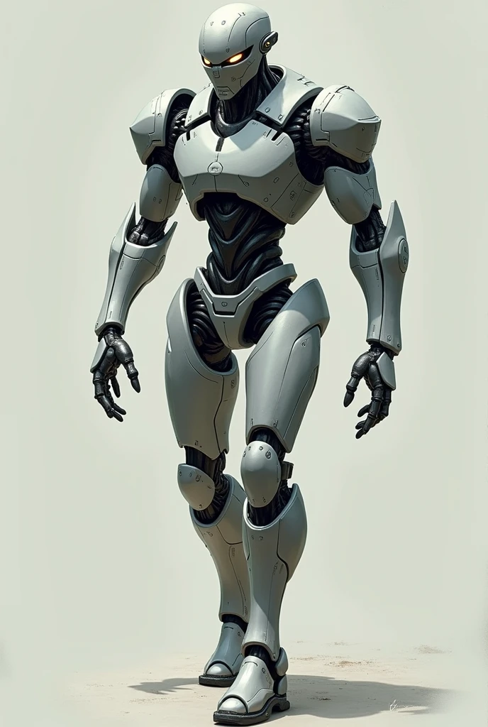 A metallic robot, walking to the side, slightly bent, head looking to the side, male robot, with glowing eyes, not angry, but more poker

