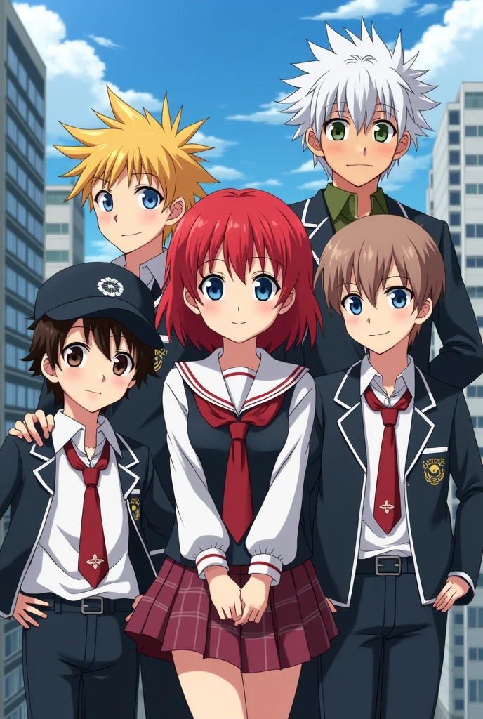 One boy at the last of the picture he have a cap on his head and on the boys right side a boy who have spiky hair golden colour and on the boys right side a girl have red hair and on the right side of the girl a boy have white hair and blue eyes he looks like a leader of the group and on the right side of the boy he have a classic anime hair style and the hole pic the girl is on center of the group and they maintain a friendly distance edit the picture in anime style and they are total four boys and one girl they all wear Japanese school uniform with Tokyo background I need a uniqueness of all the characters and they all are in college 