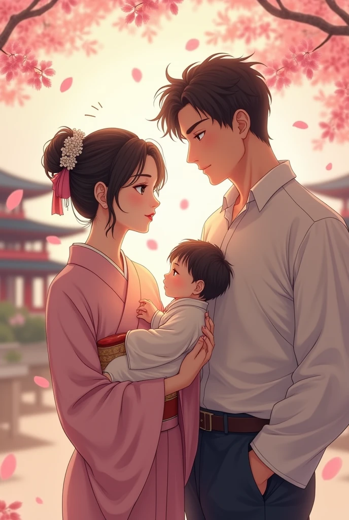 A Japanese female anime character and a handsome man got married and had a child..