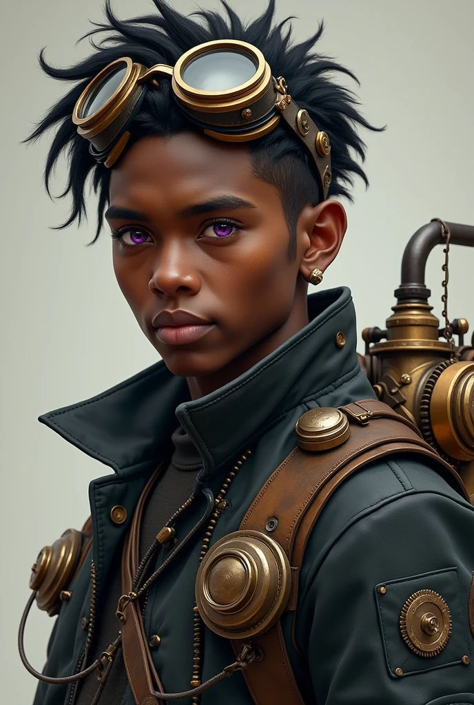 A short young African American man wearing a complete steampunk outfit, including steampunk goggles with a low-fade haircut and void purple eyes