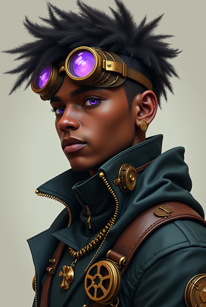 A short young African American man wearing a complete steampunk outfit, including steampunk goggles with a low-fade haircut and void purple eyes