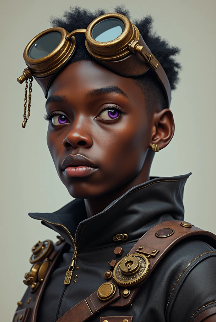 A short young African American man wearing a complete steampunk outfit, including steampunk goggles with a low-fade haircut and void purple eyes