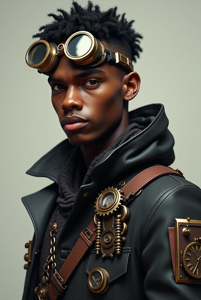 A short young African American man wearing a complete steampunk outfit, including steampunk goggles with a low-fade haircut and void purple eyes