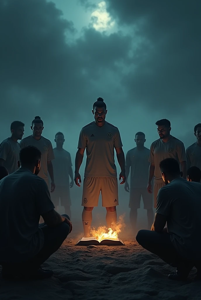 Christian Ronaldo with all team member and a bible preachings at night horror images 