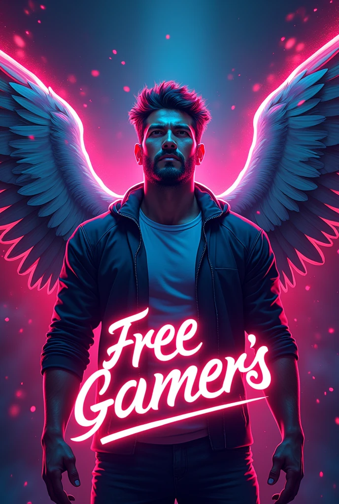 Create a logo of a man close up with wings in his long-awaited, In front a phrase that says “FREE GAMERS” all with a neon theme of many colors