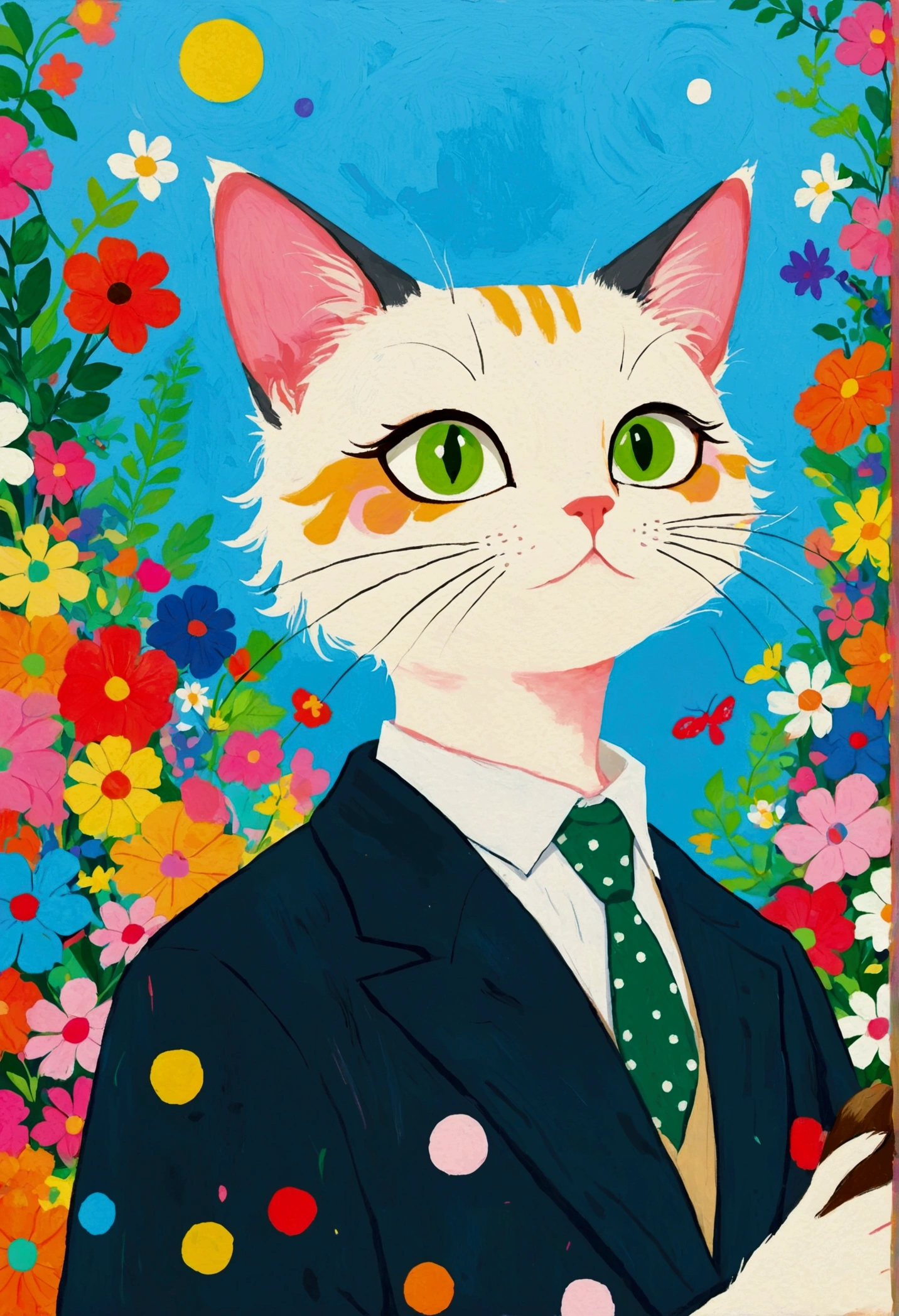 There is a cat in the painting，There is a polka dot pattern on it, A detailed painting by Fiona Rae, flickr, Toyism, Lisa Frank & Murase Sho, spot, Maxim Sukarev, : Jay Farrell Art, Josh Slytherin Art, 白色带黑色spot点, Animal Painting, Hayao Miyazaki