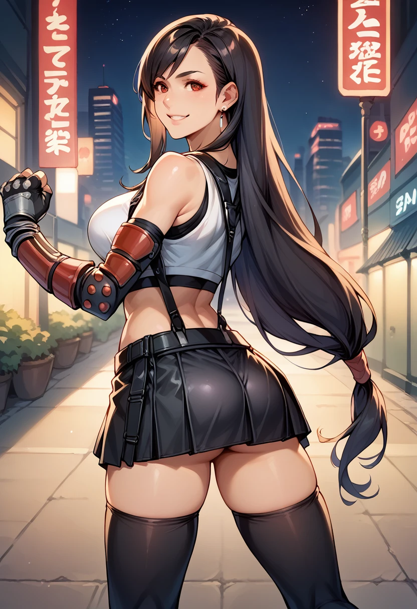 score_9, score_8_up, score_7_up, BREAK, score_9, smile, 7rtif, red eyes, black hair, low-tied long hair, earrings, sports bra, black suspenders, pleated miniskirt, black thighhighs, arm guards, elbow gloves, fingerless gloves, looking at viewer, medium full shot, legs, ass, from behind, night, city