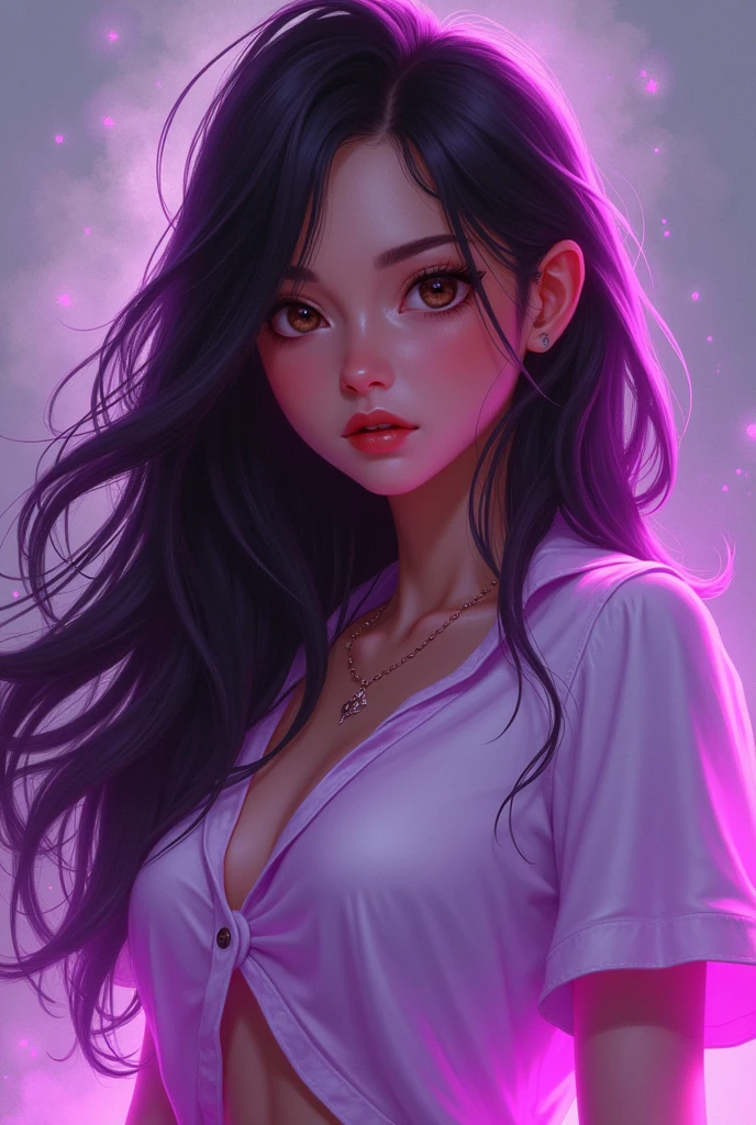 Create a league of legends style girl with long dark brown hair, Round face, small, round light brown eyes, big mouth. With a loose shirt and a purple neon effect