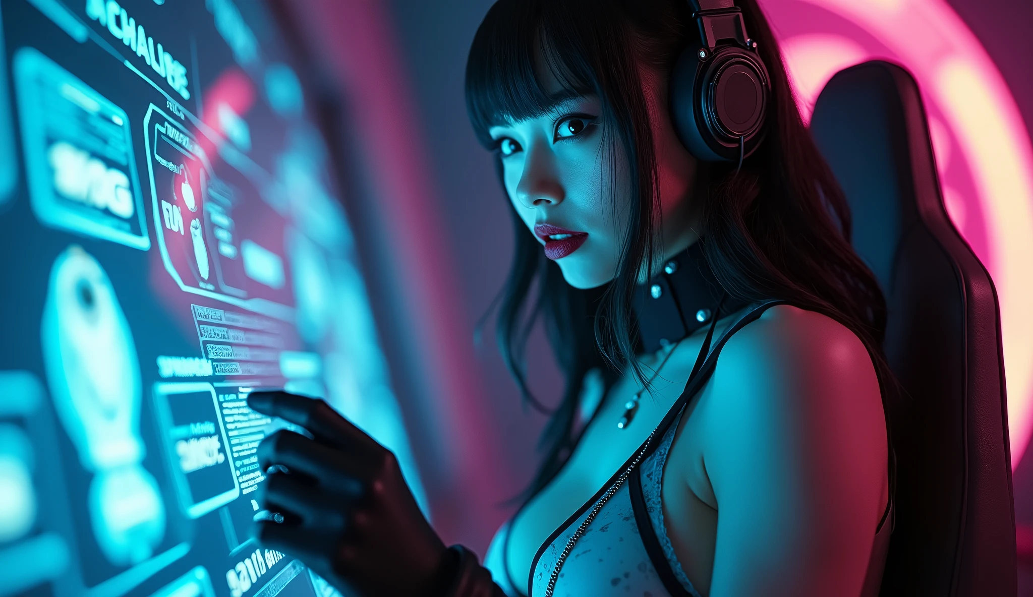 gundamwingcockpit, futuristic, scifi, plugsuit, transparent latex, goth, dark lips, large breasts, solo, black hair, gloves, g0thicPXL, dutch angle, smirk, controls, joystick, holographic interface, technology, close up, glowing, neon