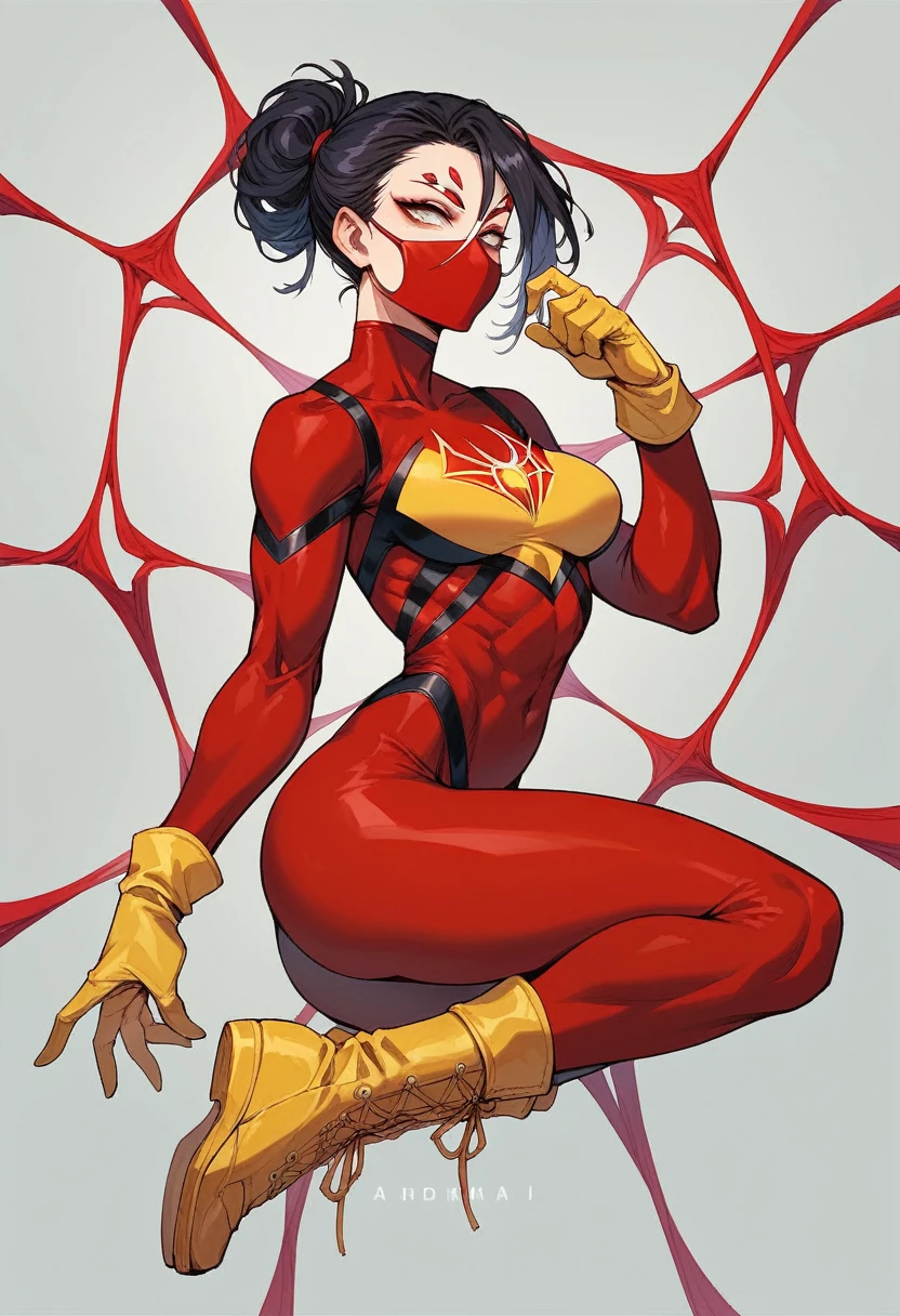 Spider woman, 1 woman, athletic physique, long black hai, red spider half-face mask, white lenses, red costume, yellow logo, yellow gloves, yellow boots