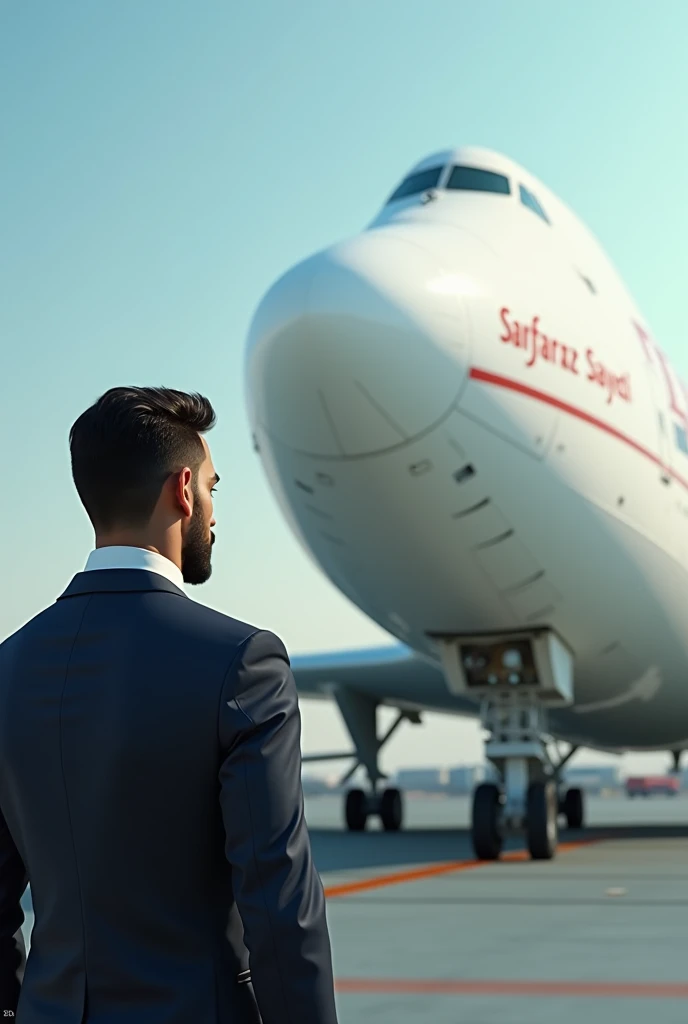 A young handsome office year boy watching a big plane in plane front name written "Sarfaraz Sayedi"