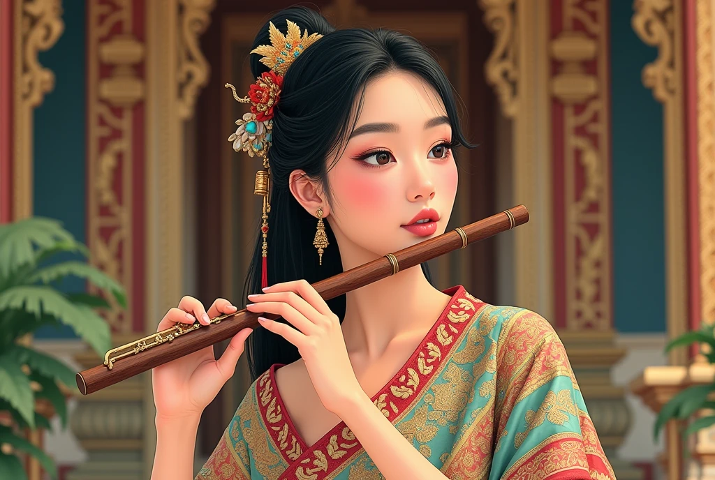 
A beautiful and lovely Thai girl in an ancient costume is sitting in a palace, playing a Thai flute. She has a delicate face, exquisite makeup, and a traditional dress with floral patterns. The background combines elements of central Thai architecture, creating an atmosphere. This illustration style shows intricate details and bright colors. --ar 3:4