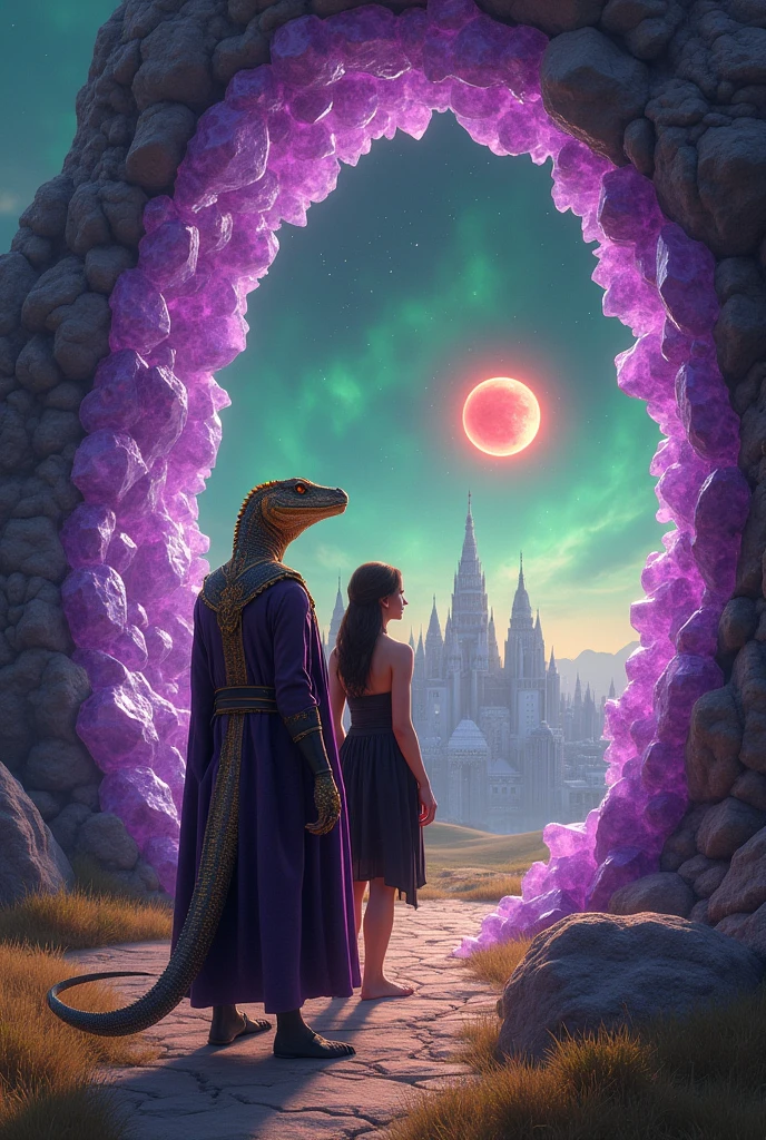 Reptilian with golden scales and a dark purple ceremonial outfit and a silver belt , exit through a magical cosmic portal made of polished amethysts, he guides a woman in a black tunic and a black dress, Inside the portal there is a beautiful city of white buildings at night, red eclipse in the background portal is in the middle of a field, already outside the portal the sky is daytime and has a green nebula