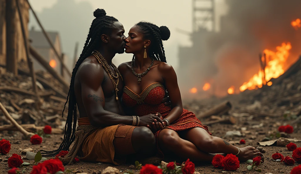 401 a.C; (masterpiece, best quality) destroyed city(Cuazulo-Natal) roses on the floor; flowers on the ground; 1Zulus african warrior kissing his wife(close-up);spears on the floor.; fire around.