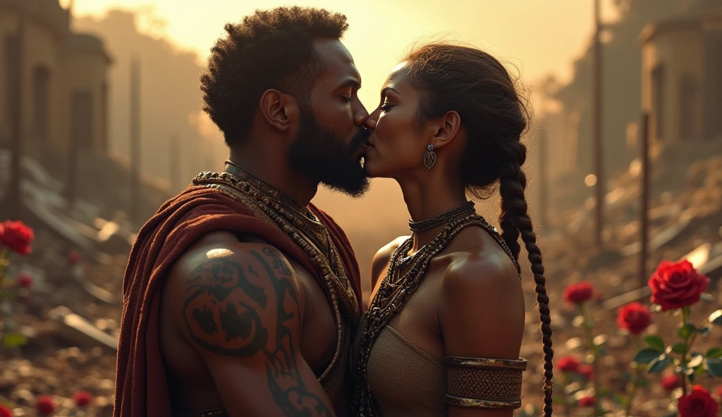 401 a.C; (masterpiece, best quality) destroyed city(Cuazulo-Natal) roses on the floor; flowers on the ground; 1Zulus african warrior kissing his wife(close-up);spears on the floor.; fire around.