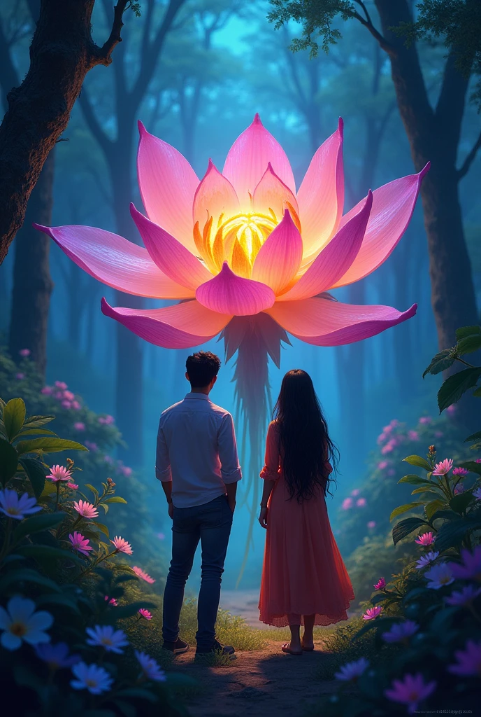 Ajay and Radha standing in awe before a radiant, magical flower in the forest. The flower glows with vibrant colors, and the surrounding forest is lush and mysterious."