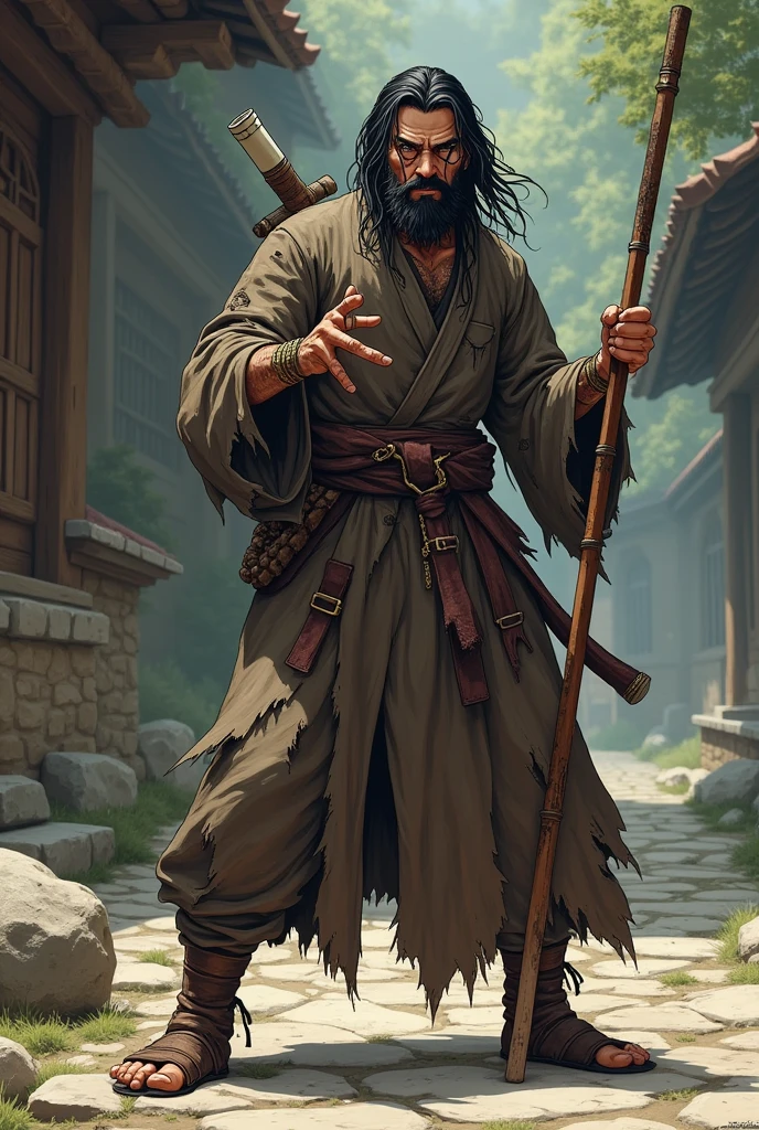 dnd, dungeons and dragons, monk, normal round human ears, human, slender, poor, dirty, homeless, holding a quarterstaff, solo, single person, portrait, action pose, tanned dirty skin, karate, martial arts, shaggy black and white hair, dark eyes, monocle on left eye, black chin strap beard, handsome, male, anime, comic, graphic novel, ripped and torn robes, smelly, fighter, peaceful, monastery, ((masterpiece, best quality)), trending artwork