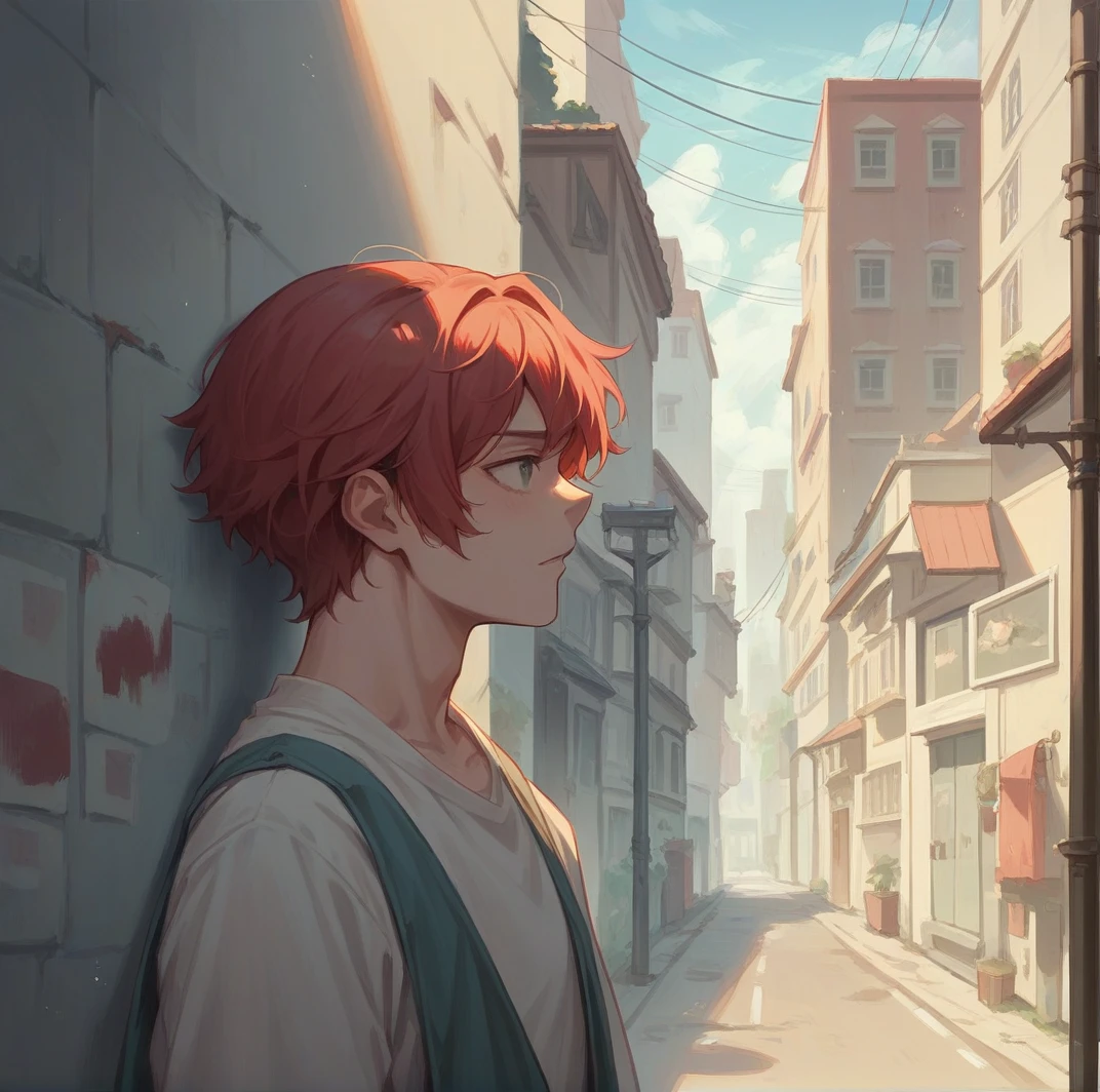 Make a red-haired girl who is on the street painting a wall