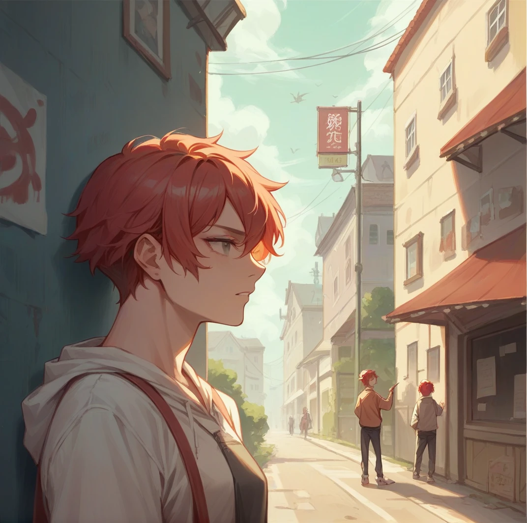 Make a red-haired girl who is on the street painting a wall