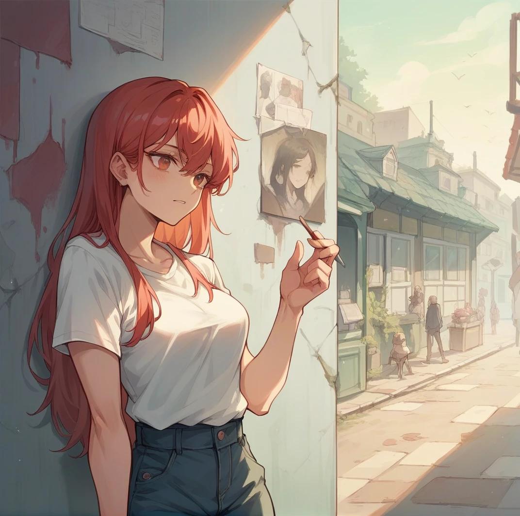 Make a red-haired girl who is on the street painting a wall