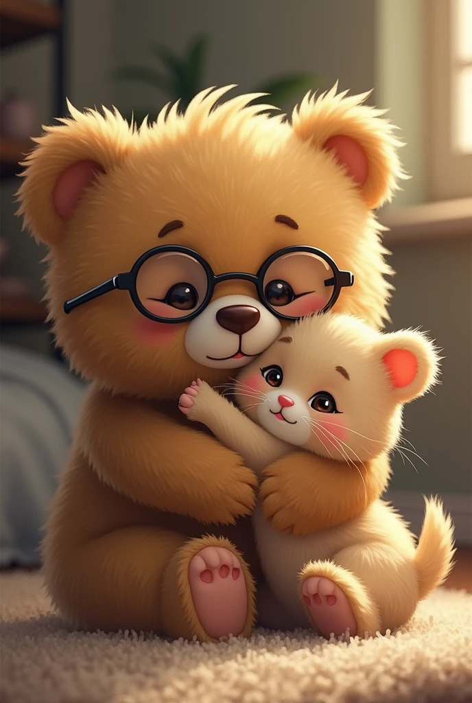 Teddy bear with glasses and 1 kitten hugs 

