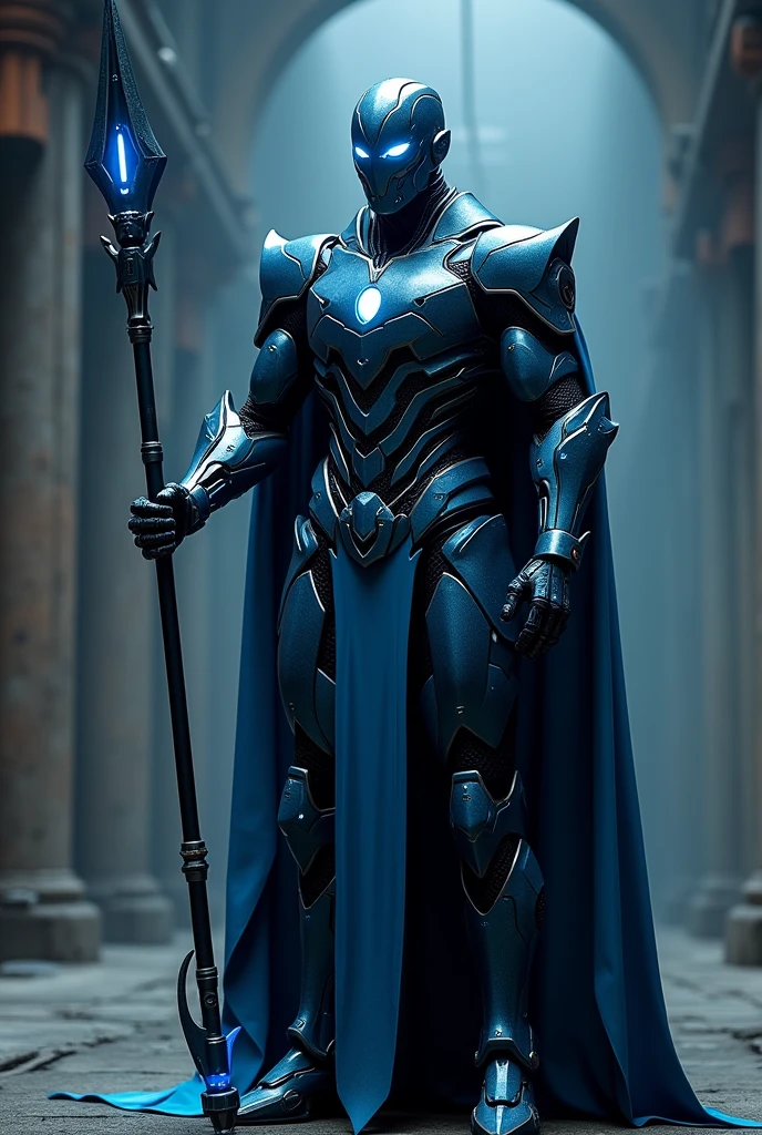 modern dark blue, iron armor suit, iron mask face, no hair, blue cloak, dark blue robot spear, blue eyes.