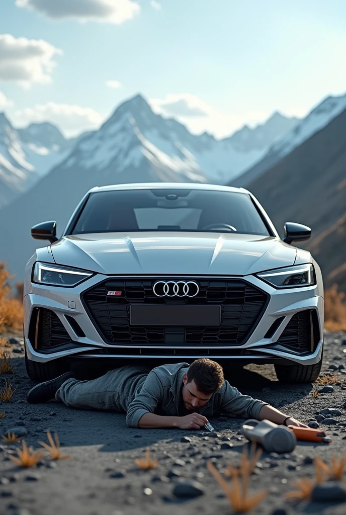(photorealism:1.2), make a pic imagine one man background mountains one man under the car and car brand Audi and side agar text on the life is so special