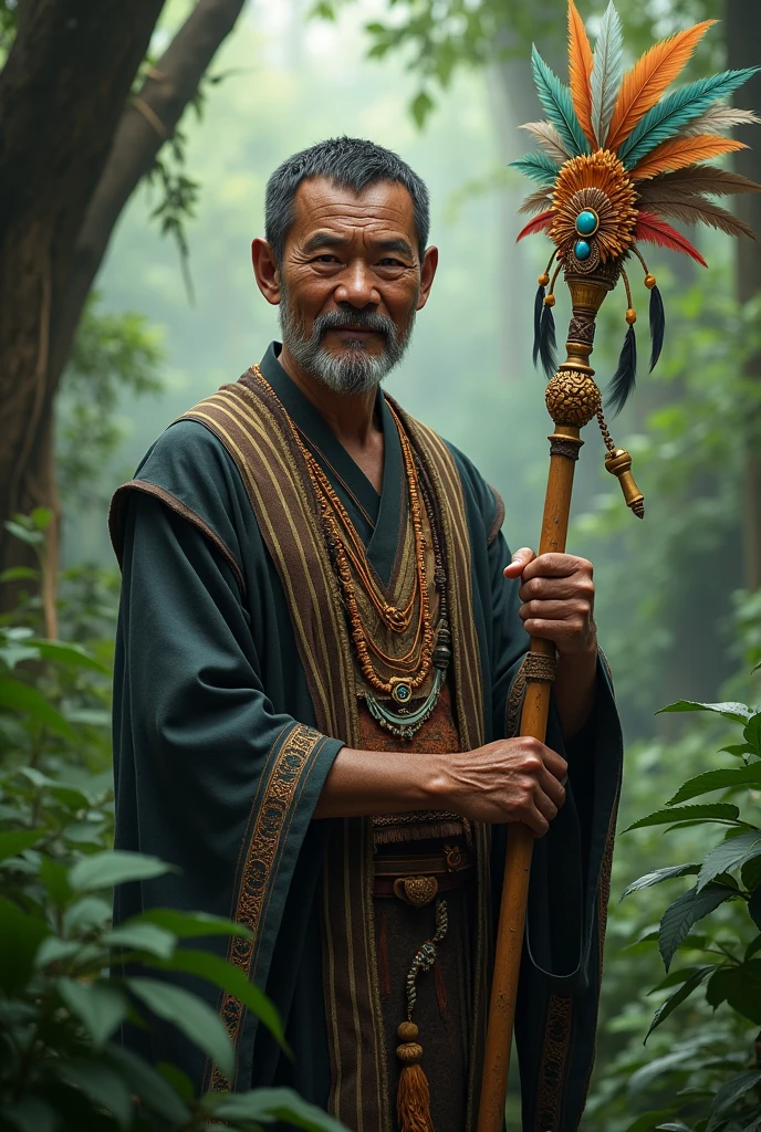 50 year old man, black hair and short beard and mustache with a few gray hairs. Forest Village Chief. He wears village chief clothes and a staff with feathers and a blue pearl.