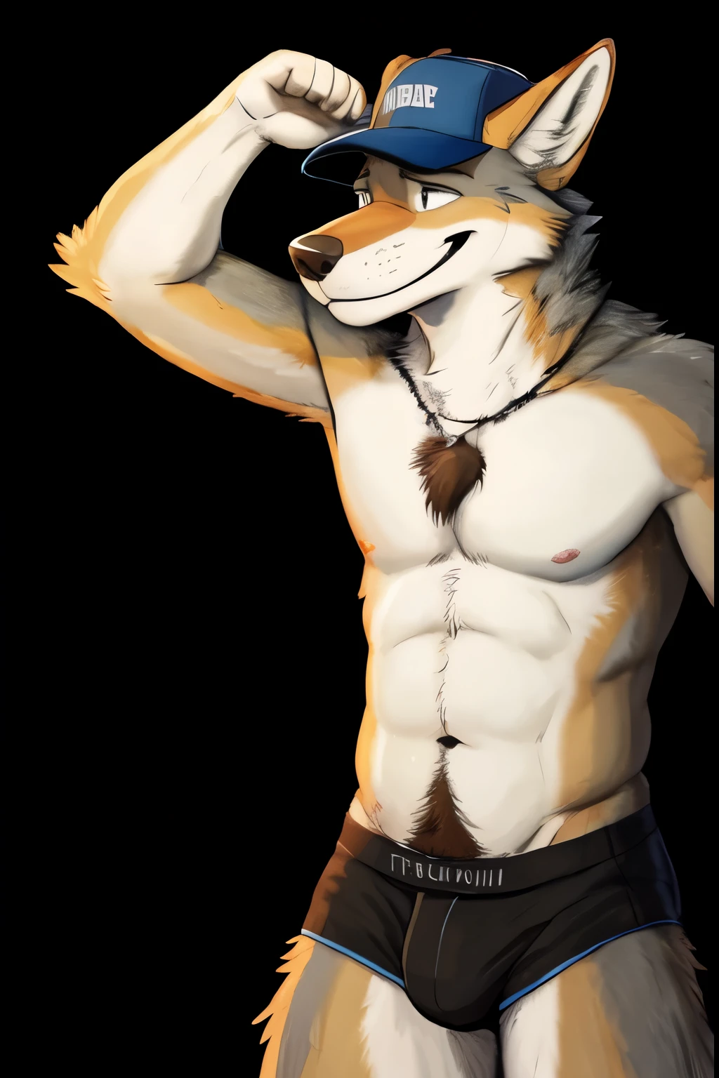 (pinup), Anthro, male, solo, full length portrait, canid, (coyote:1.1), athletic, abs, muscular, smile, blushing, digitigrade, barefoot, shirtless wearing underwear , trucker hat, happy trail, chest tuft, elbow tuft, (black background:1.1), digital artwork, (flat colors:1.2), (by adios, by k-9, by paintfox:.8), by delirost, by tritscrits, (detailed fur,detailed fur texture:0), (masterpiece, best quality, high quality, highres, ultra-detailed)