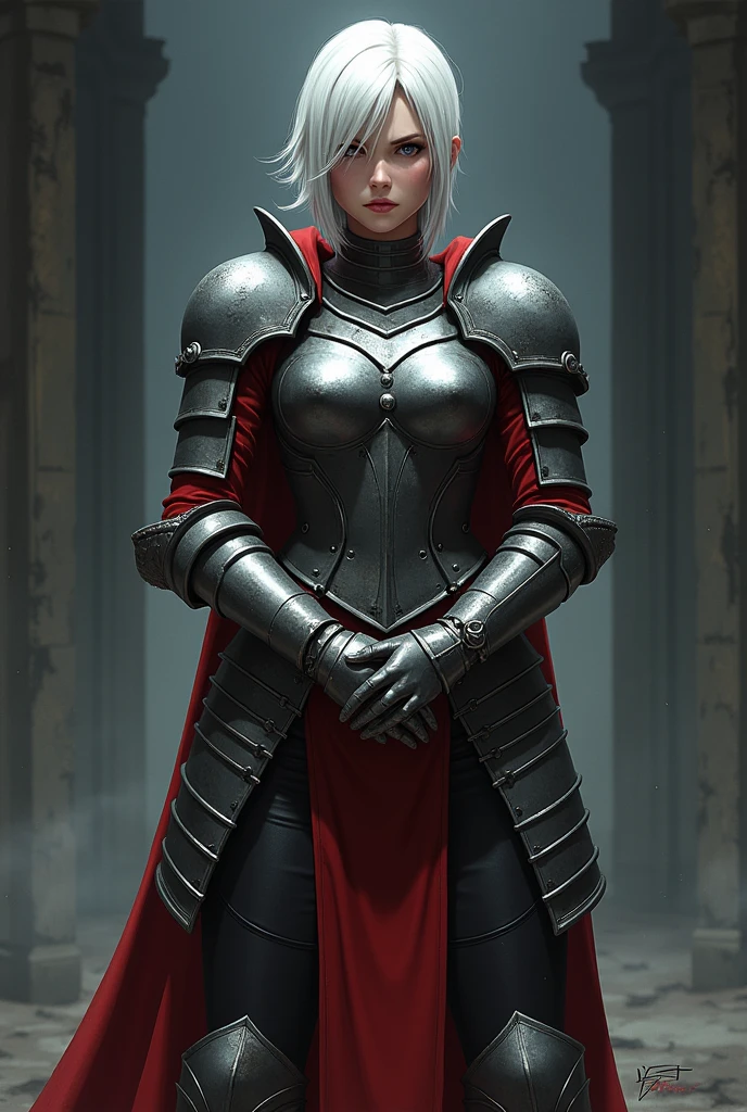 Make art as similar as possible to the art style used in the American Vox Machina series., a one woman, White hair, shorth hair, medieval armor, hight contrast, Two-tone lighting, Hands behind your back