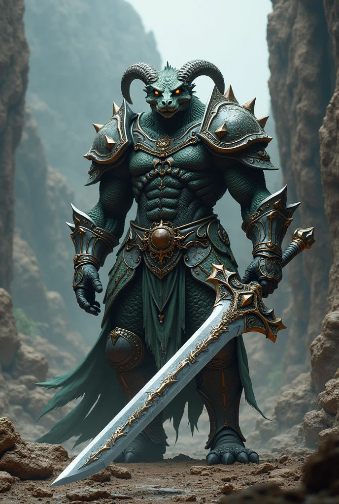 An armored dragonborn holding a greatsword