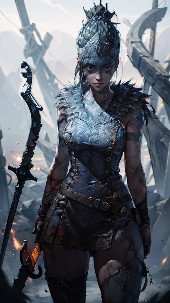 Senua from hellblade, 1girl, holding glowing sword, sword fighting poses, wide angle, leather clothing, forehead and eyes painted dark blue, determined expression, 16k, best quality, detailed face, beautiful blue eyes, best hands, perfect hands, unreal engine rendering style, award winning digital art, darkly atmospheric lighting 