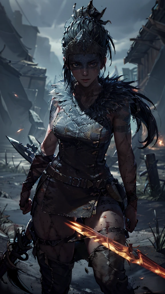 Senua from hellblade, 1girl, holding glowing sword, sword fighting poses, wide angle, leather clothing, forehead and eyes painted dark blue, determined expression, 16k, best quality, detailed face, beautiful blue eyes, best hands, perfect hands, unreal engine rendering style, award winning digital art, darkly atmospheric lighting 