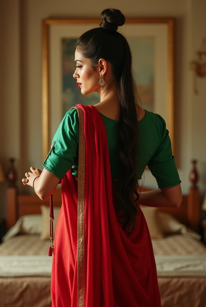 Indian woman Aishwarya Rai in green blouse red saree , tied hair bun, lifting a man above her shoulders, man is sitting on woman's shoulders, in a bedroom with high ceiling, woman is showing her back to the camera , full body image , close up