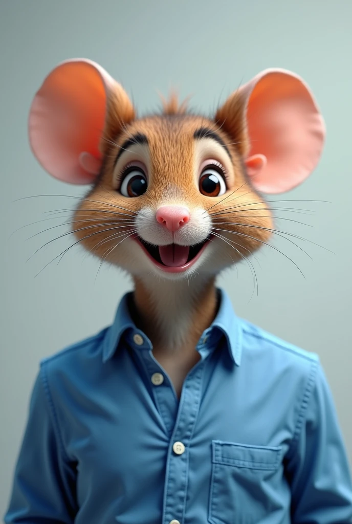 create an image of the face of a friendly, smiling mouse on the body of a man wearing a blue shirt as if he were a candidate