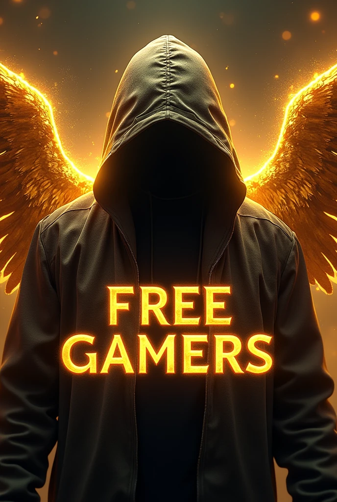 Create a logo of a man in a hood near with wings in his expected, In front a phrase that says “FREE GAMERS” all with a golden neon theme
