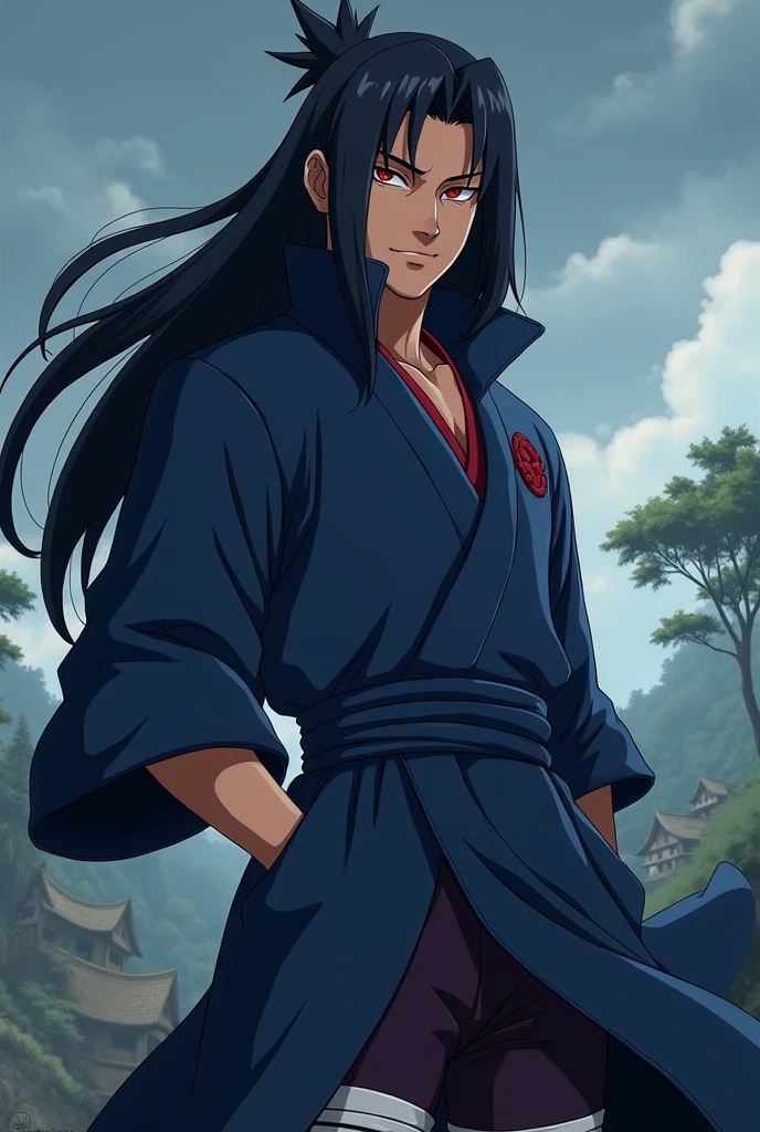 A anime male villain madara uchiha without weapon smile face wear blue ninja dress