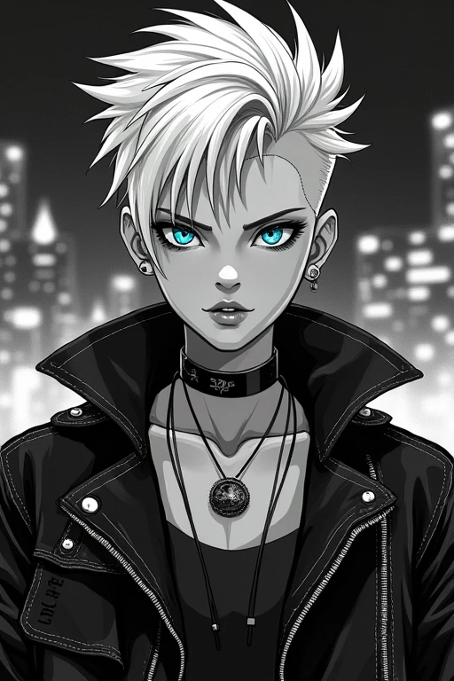 Monochrome,One person,punk jacket,White Hair,short hair,Perm,Sky blue eyes,An illustration,City of night