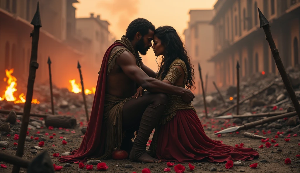 1419; (masterpiece, best quality) destroyed city(Cuazulo-Natal) roses on the floor; flowers on the ground; 1Zulus african warrior kissing his wife(close-up);spears on the floor.; fire around.