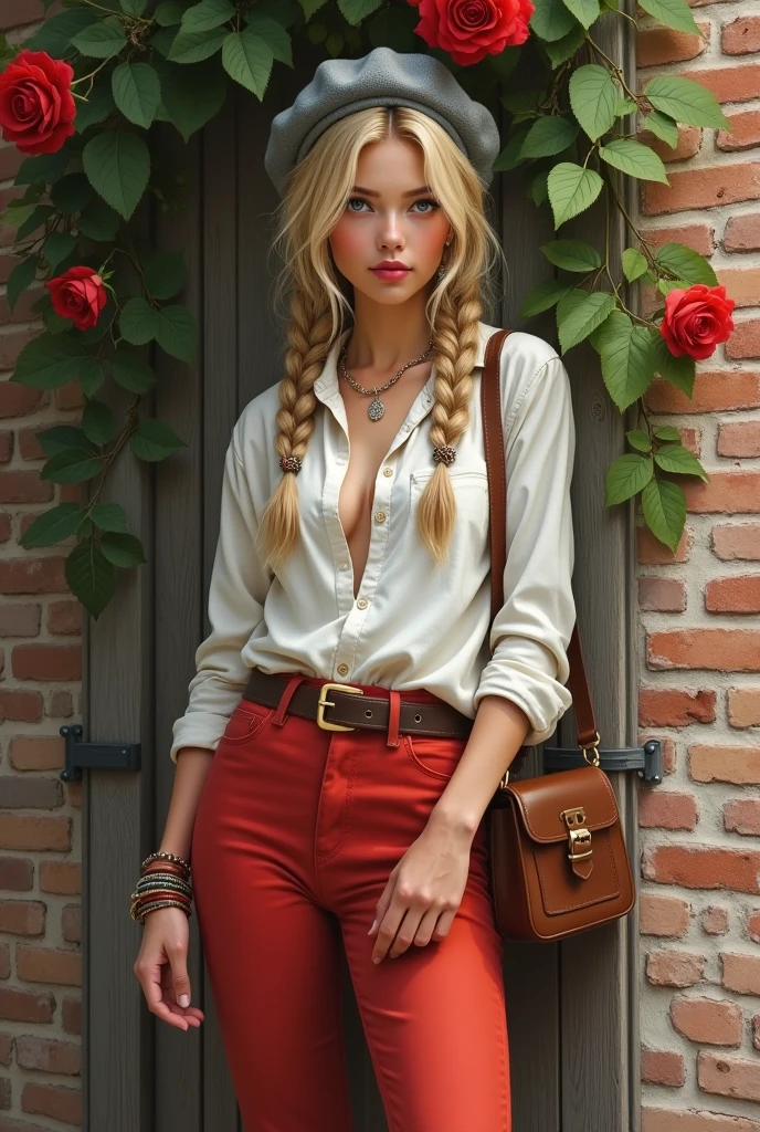 A beautiful girl in boho style with blonde hair braided, wearing a white oversized shirt and red pants, with a bamboo baguette, gray beret hat, brown boots, flower necklace and bracelets on her hands, leaning against a brick, wooden fence decorated with roses, реализм