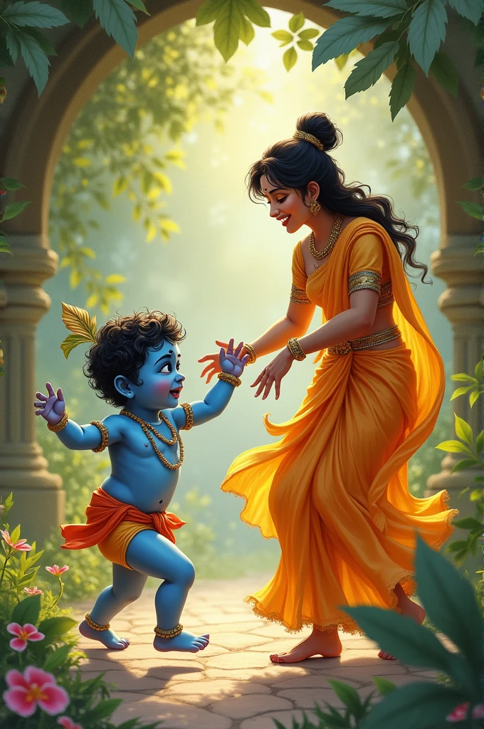 Cute baby lord krishna being mischivious and gis mother os trying to catch him