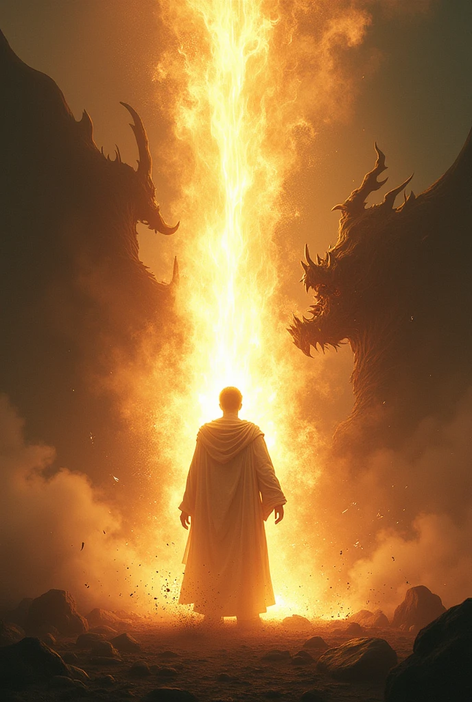"Create a dramatic and empowering image depicting a person defeating a demon with their power of light. Show the person standing resolute, radiating a powerful, blinding light that envelops them. The light should be intense and vibrant, contrasting sharply with the dark, ominous appearance of the demon. The demon, portrayed with menacing features and shadowy forms, should be visibly recoiling or disintegrating in the face of the light. The background can be a dark, chaotic environment that is being transformed or illuminated by the person’s light, symbolizing the triumph of good over evil. Use strong contrasts, vivid colors, and dynamic lighting to convey the intensity of the battle and the victorious power of light overcoming darkness."