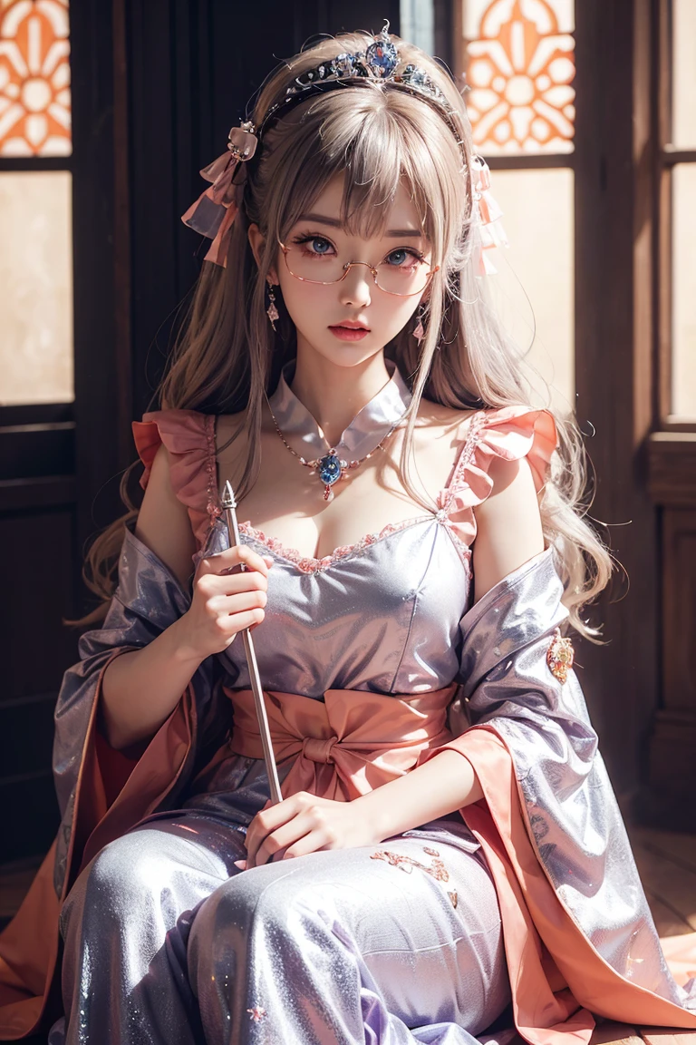 peach color japanese hime hairstyle, red glasses, princess tiara, princess costume, deep blue eye, looking at viewer, heartshape lips, wearing silver jewelry, sitting on the throne, holding a sceptre, in a castle, full of soft light, character detail in 4K, 8k quality, best quality, masterpiece, ultra high resolution