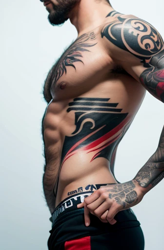 Intricate long tattoo along the left side of man displaying soccer fire steel, side view,