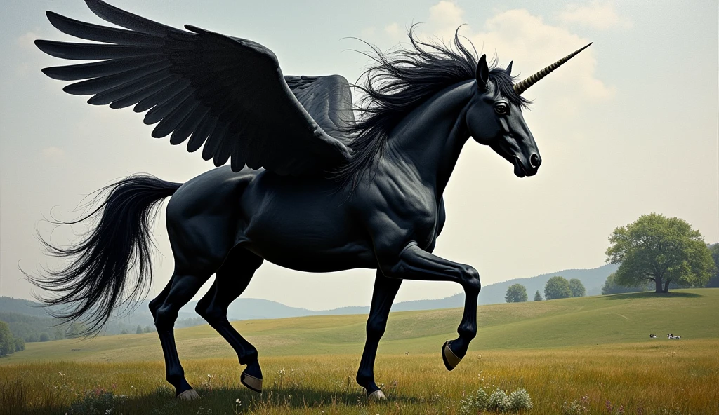 Create random classic masterpieces of Picasso in Ultra-High Definition, 64k resolution oil painting without a frame, using full dimensions of the selected resolution to fit the artwork image, finely detailed to perfection, art-punk, French style, countryside background, art germ, high-octane. A portrait of a young untamed beautiful aggressive Black unicorn with wings, an exact copy of the legendary Black Beauty film horse, an unreal engine, a master stroke of a legendary brush, a tribute to a legendary artist, super realistic, superhit, 
