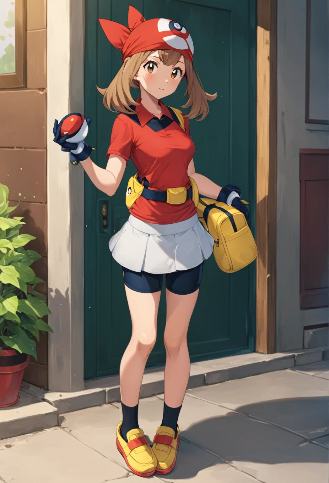 May from Pokémon, triple n size boobs, thin waist, medium size butt, medium size thighs, She wears a red short-sleeved shirt with a navy blue semi-circle on it, a yellow fanny pack, white gloves with navy fingertips, a white mini skirt under the shirt over dark blue cycle shorts, and black ankle socks along with red shoes with black and yellow stripes, red bandanna covering the entire head with the two ends sticking up, light brown hair, long thick mousse brown hair with thick side tails, and with a side fringe falling across the forehead, her belly is covered up.
