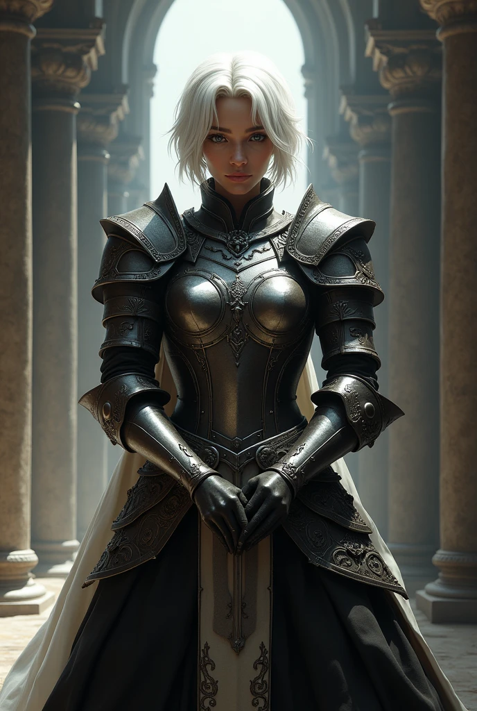 Make art as similar as possible to the art style used in the American Vox Machina series., a one woman, White hair, shorth hair, medieval armor, hight contrast, Two-tone lighting, hands behind your back Less realistic