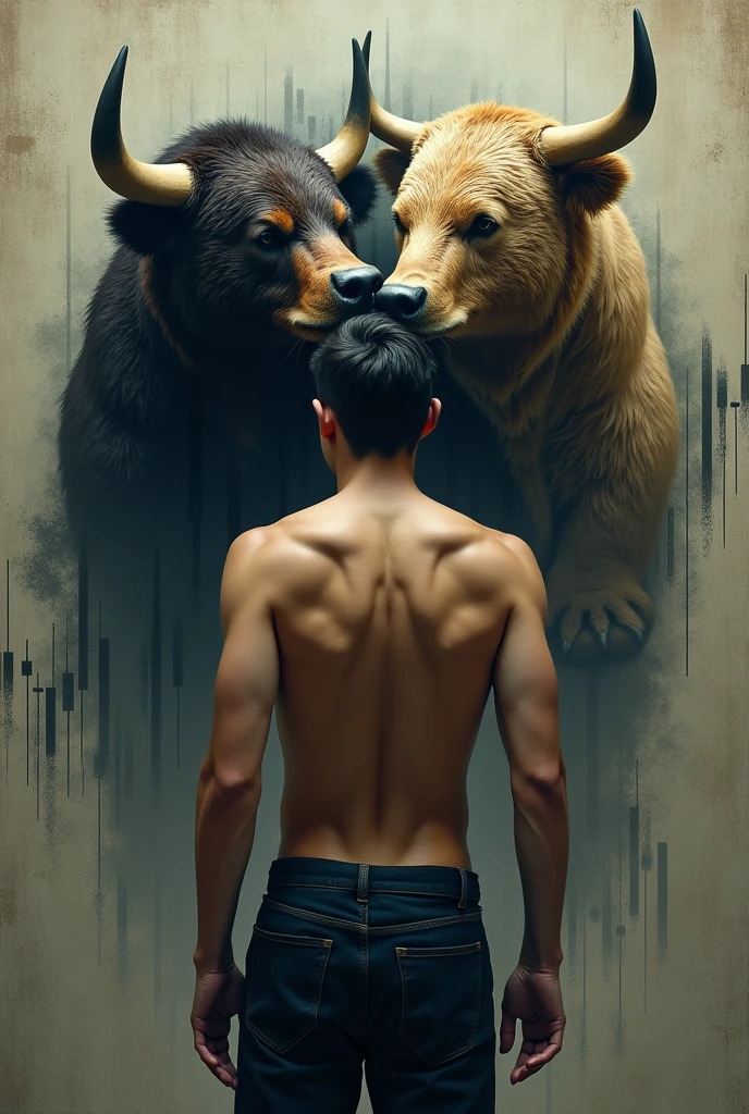 Handsome boy back side he take in bull head and   another bear head , background candlestick of trading
