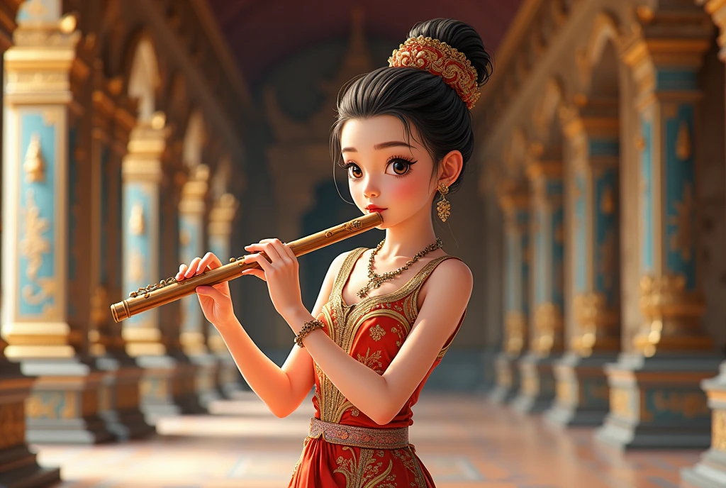 A beautiful and lovely Thai girl in an ancient costume is sitting in a palace, playing a Thai flute. She has a delicate face, exquisite makeup, and a traditional dress with floral patterns. The background combines elements of central Thai architecture, creating an atmosphere. This illustration style shows intricate details and bright colors. --ar 3:4