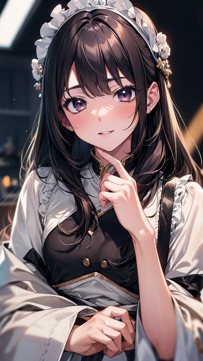 (8k、Best image quality、Highest quality、masterpiece)、Detailed face、one person's、((Brown Skin:1.3))、blonde、Long Hair、Diagonal bangs、Earrings、Grey Eyes、Wicked Smile、Large Breasts、((White knit))、((Off the shoulder))、((Strapless))、((Black Pantyhose))、Cowboy Shot、wariza、On the bed、Bedroom Background
